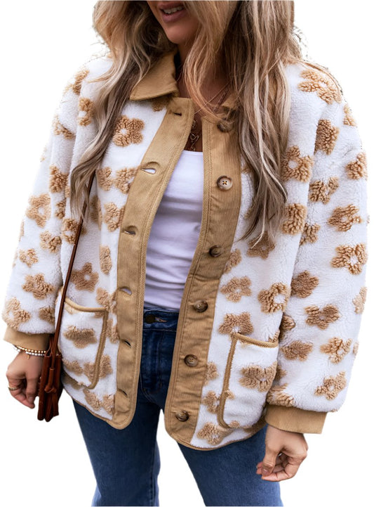 Floral Sherpa Jacket with Corduroy Trim