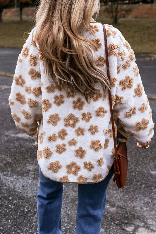 Floral Sherpa Jacket with Corduroy Trim