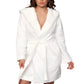 White hooded fleece robe with a front tie belt and soft faux fur interior.
