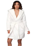 White hooded fleece robe with a front tie belt and soft faux fur interior.
