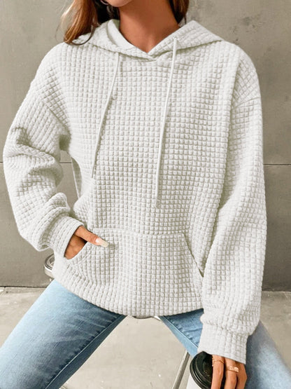 cozy white waffle knit hoodie with kangaroo pocket
