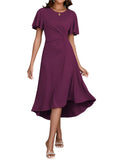 Wine flutter sleeve midi dress with gathered waist and high-low hemline.
