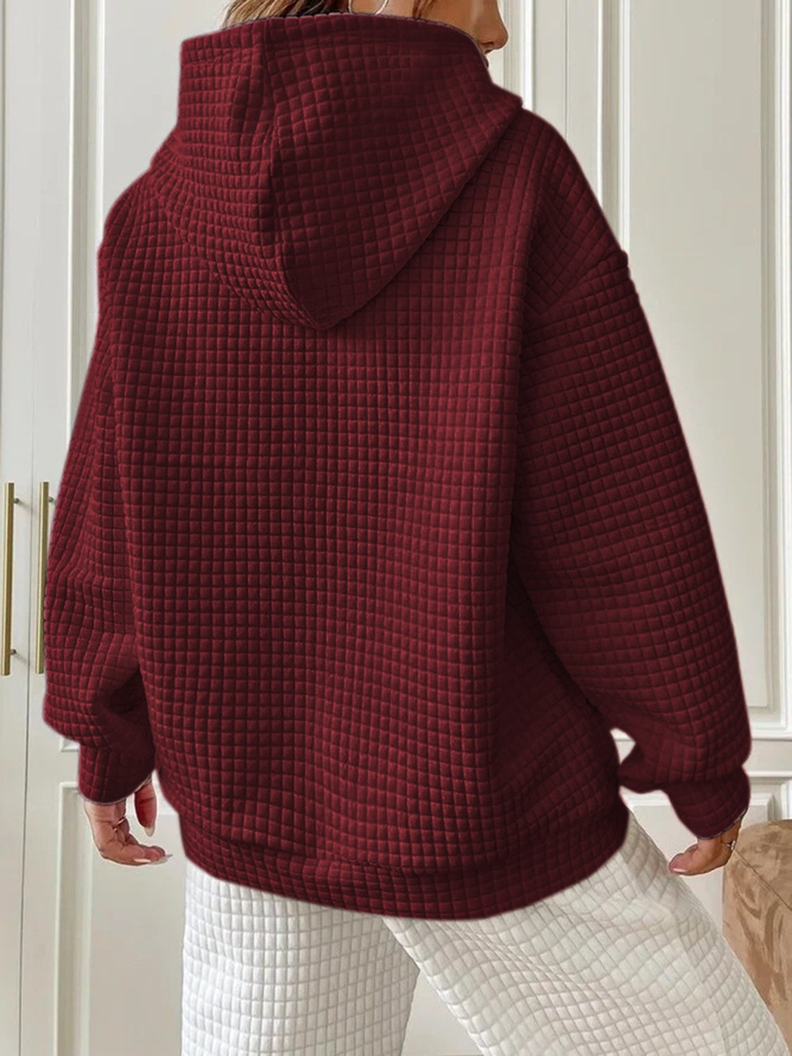 woman wearing wine waffle knit hoodie
