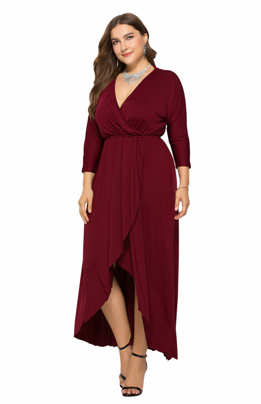 Wine plus-size evening dress made with stretchy knit fabric for comfort.
