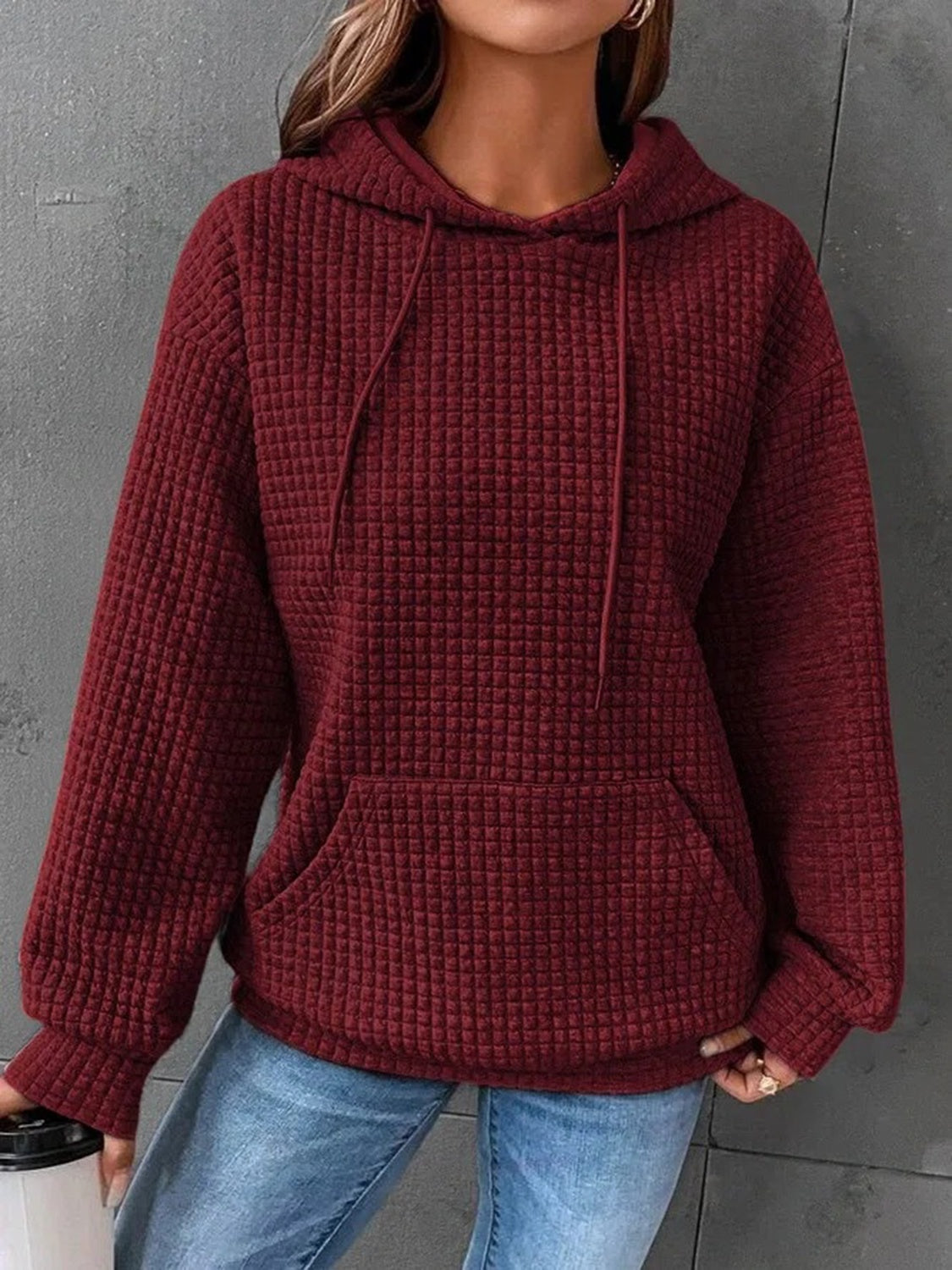 cozy wine waffle knit hoodie with kangaroo pocket
