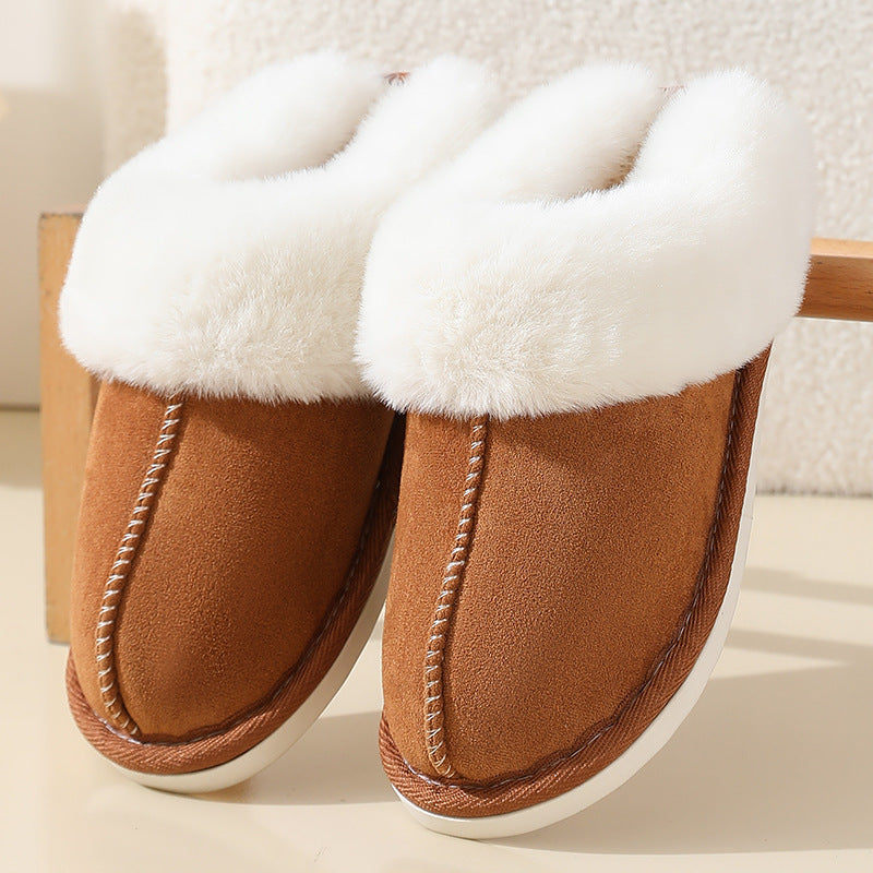 Coffee-colored winter slippers with suede-like finish and fluffy fur detail
