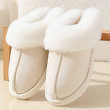 Cream winter suede fur-lined slippers with soft trim and cozy fit
