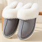 Gray suede-like cotton slippers with plush fur-lined opening for warmth
