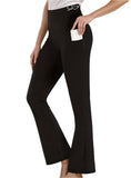 Women’s yoga pants in black, bootcut fit with functional side pockets.
