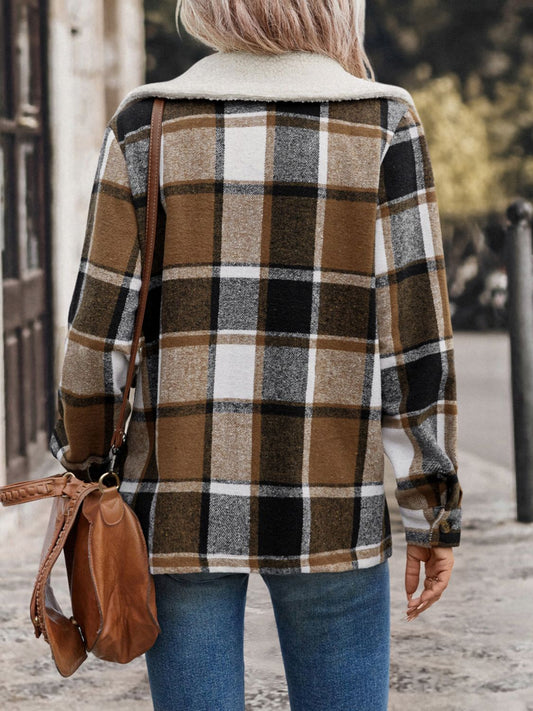 Cozy plaid shacket in brown, black, and white
