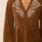 Women’s button-down mini dress in caramel with embroidered details
