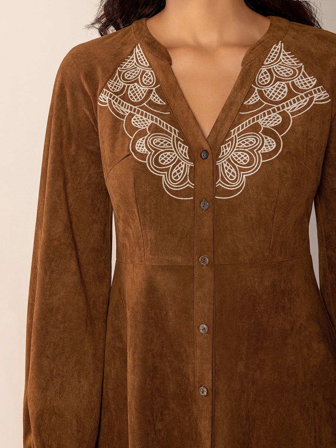 Women’s button-down mini dress in caramel with embroidered details
