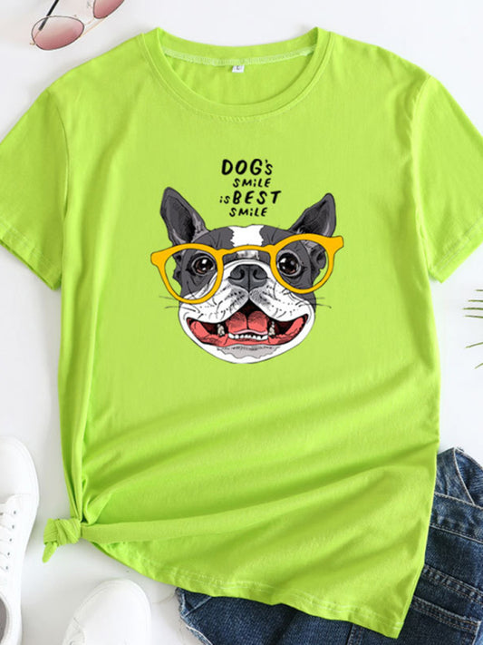 Chartreuse graphic tee with a playful dog wearing yellow glasses