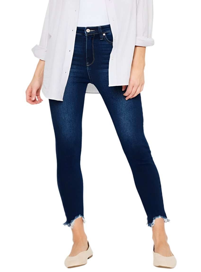 Kancan dark wash skinny jeans with high-rise waist and frayed hems.