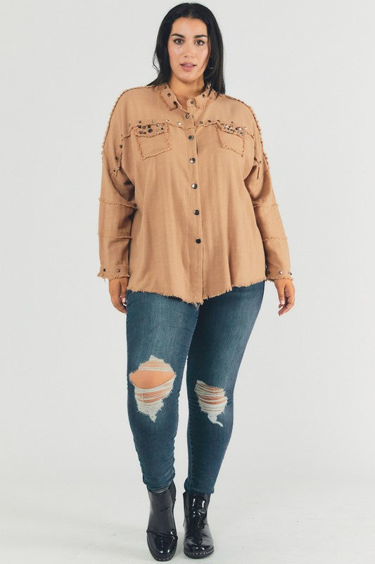 Relaxed fit plus-size shirt featuring a stylish distressed hem in camel.
