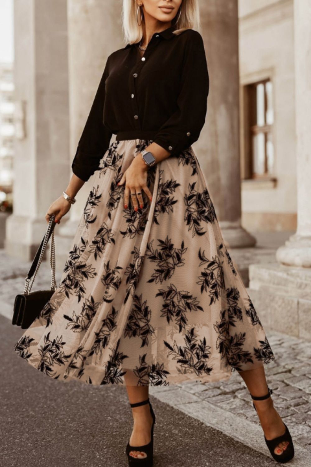 Black floral embroidered mesh midi skirt in classic khaki color.
