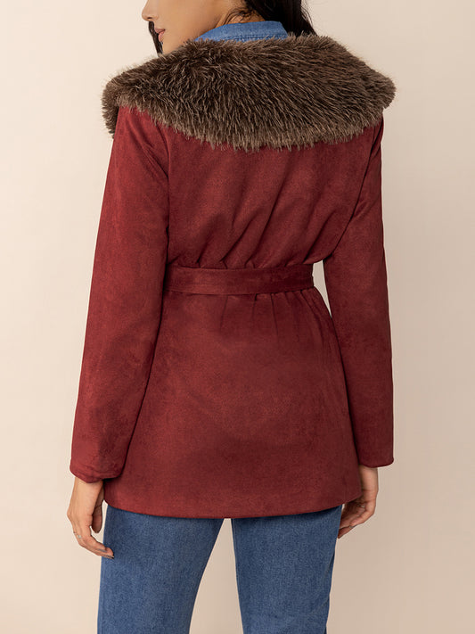 Women’s wrap jacket in burgundy with tie waist and pockets
