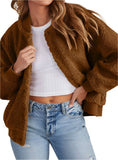 Front view of a women's fleece sherpa jacket in brown with snap-button closure.
