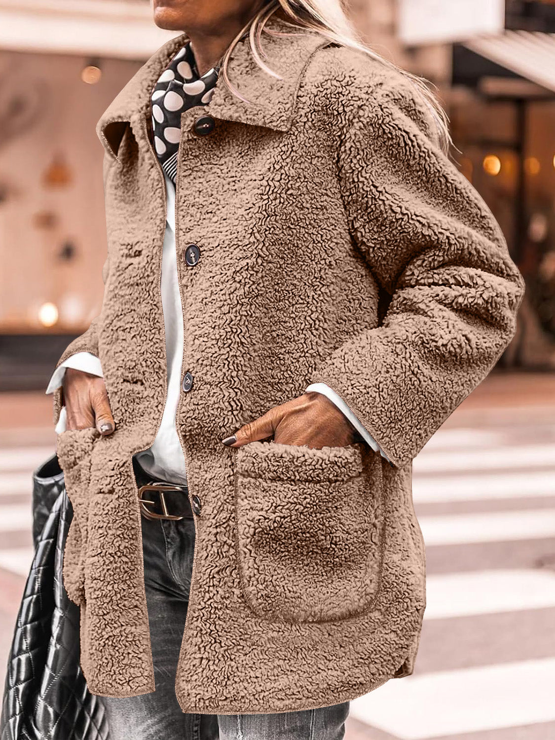 Women's fleece sherpa jacket in taupe with button-up front and patch pockets.
