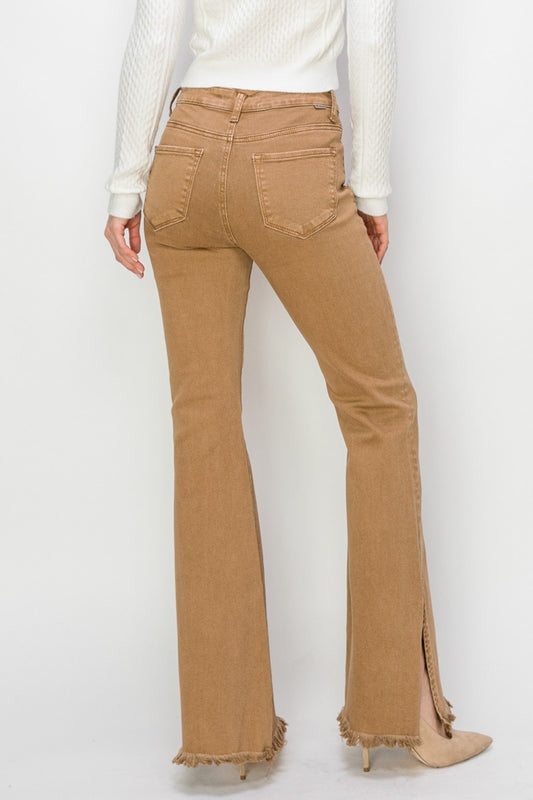 Stylish caramel brown flare jeans with a high-rise fit
