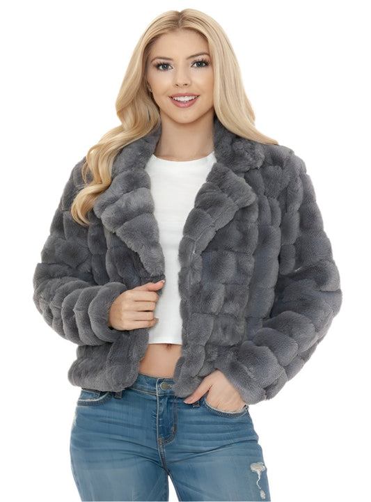 Front view of a women’s gray faux fur jacket with a soft, plush finish.
