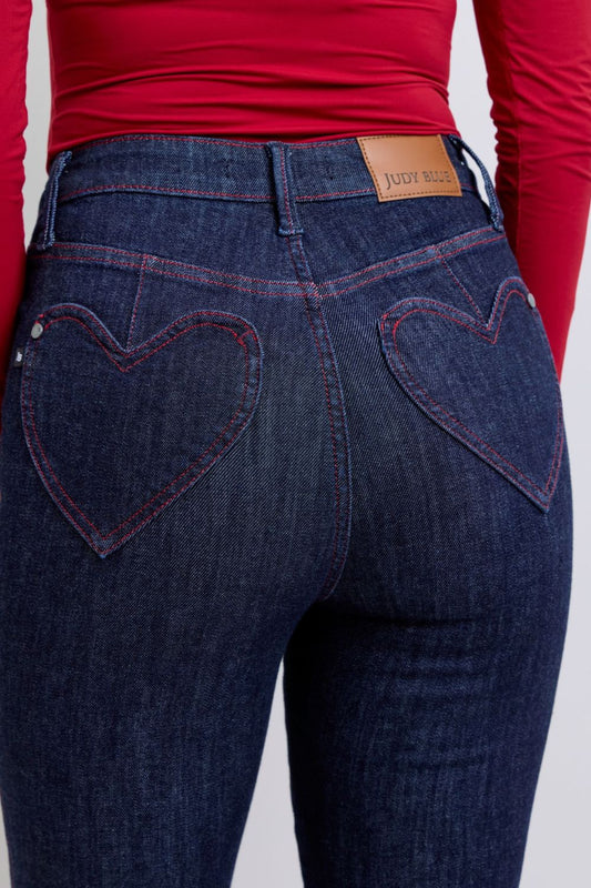 Close-up of heart-shaped back pockets on Judy Blue skinny jeans.
