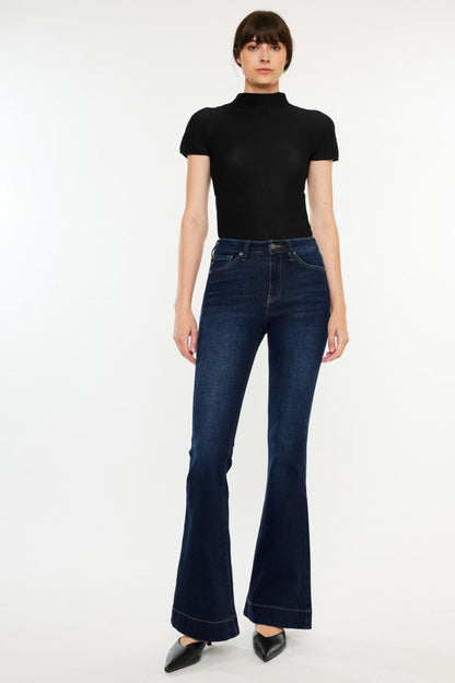 Full view of Kancan high-rise flare jeans in dark wash.
