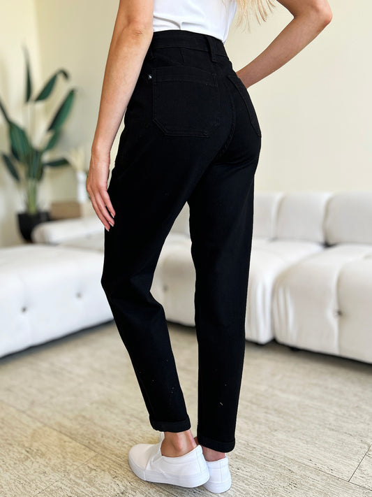 Comfortable high waist black jeans with a trendy double roll cuff.