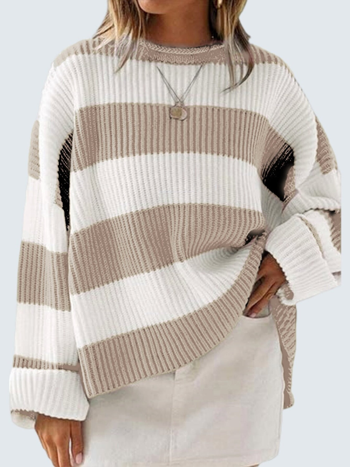 Soft khaki wide-striped pullover, ideal for cooler weather.
