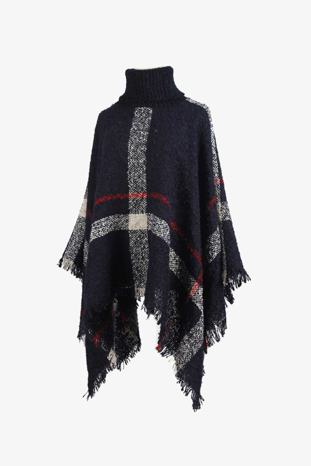 Soft and stylish navy plaid winter poncho for women.
