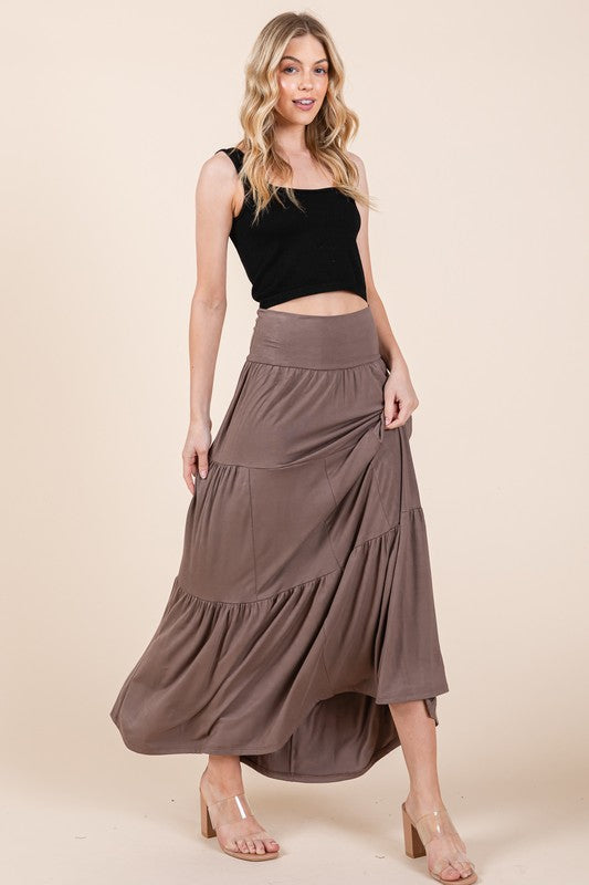 Brown tiered ruffle maxi skirt for casual and bohemian looks.
