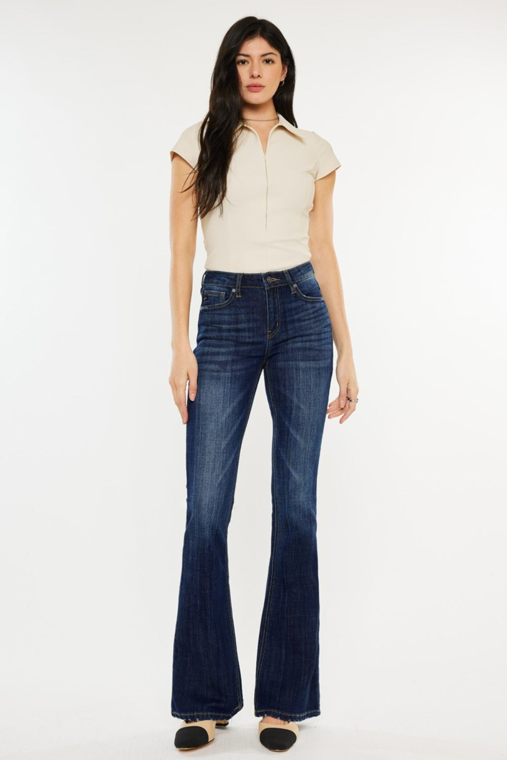 Slim flare jeans with a mid-rise waist for women
