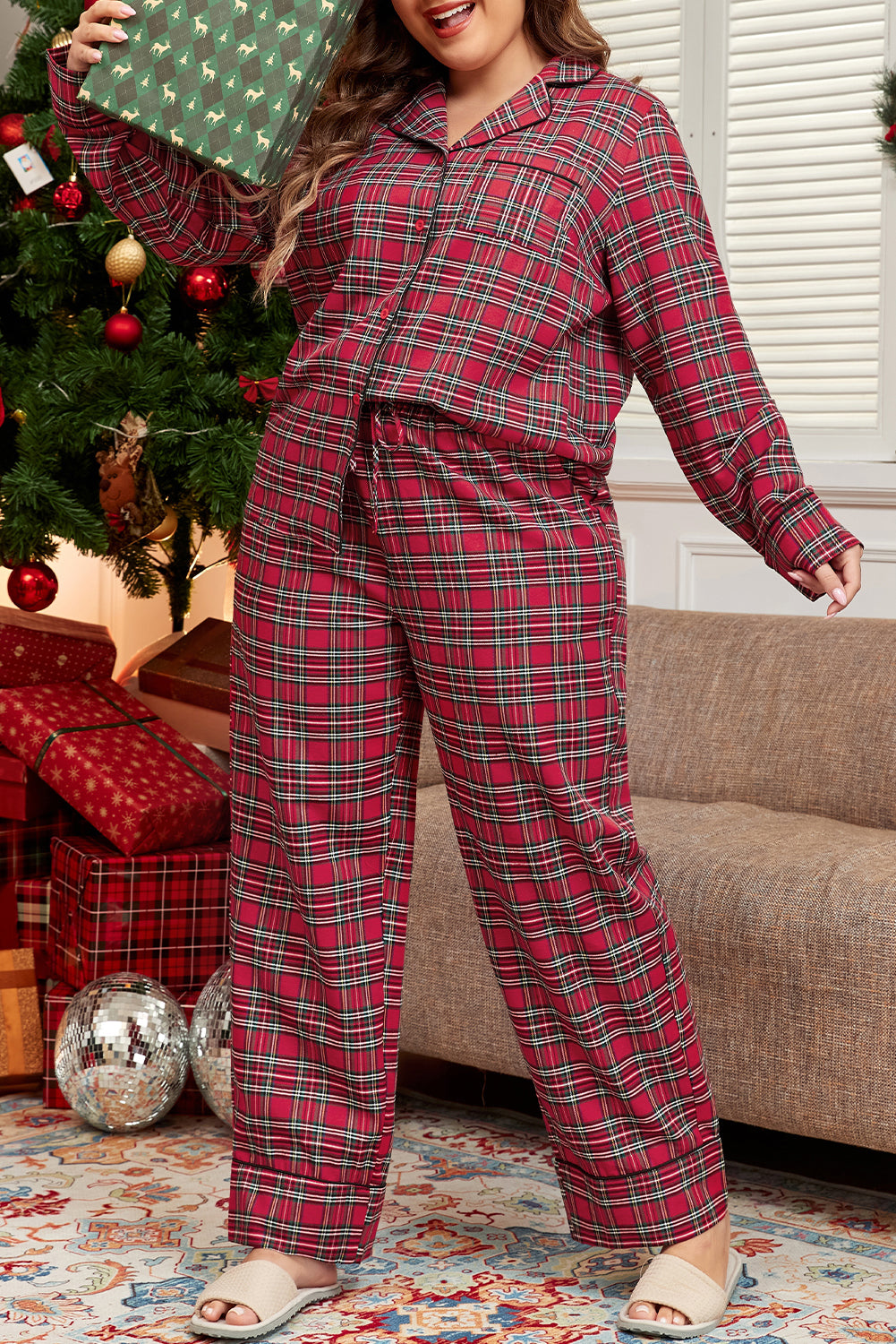 Women's plus-size red plaid loungewear set with a timeless design.
