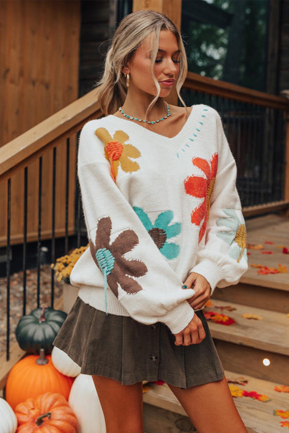 Ivory V-neck sweater with oversized flower designs | boho aesthetic
