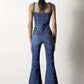 Stretch cotton blend denim overalls with a chic flare leg silhouette and functional buttons.
