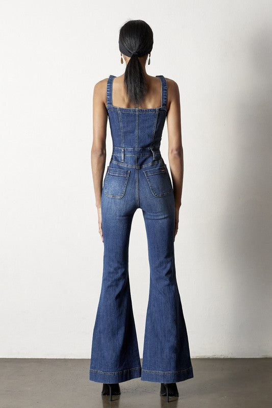 Stretch cotton blend denim overalls with a chic flare leg silhouette and functional buttons.
