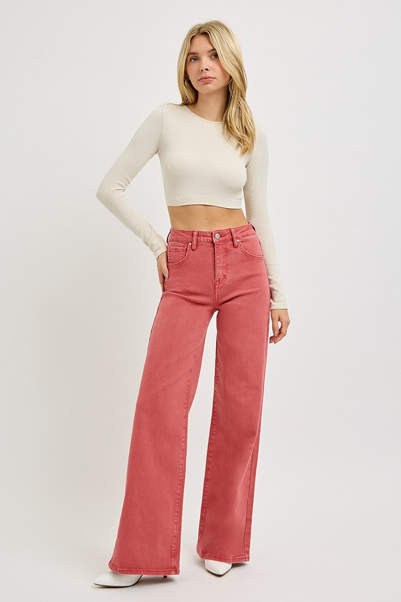 Women's flattering wide-leg denim with tummy control and bold retro appeal.
