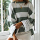 Cozy sage green wide-striped pullover for a comfortable, laid-back look.
