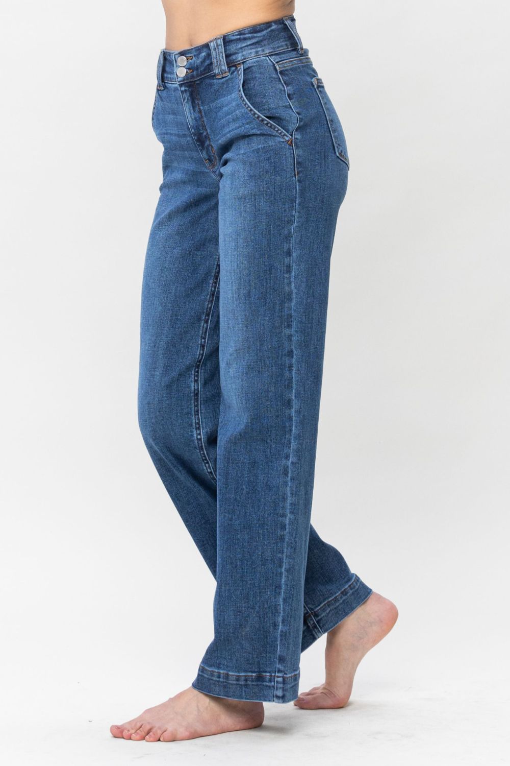 Judy Blue wide-leg jeans styled casually for an everyday look.
