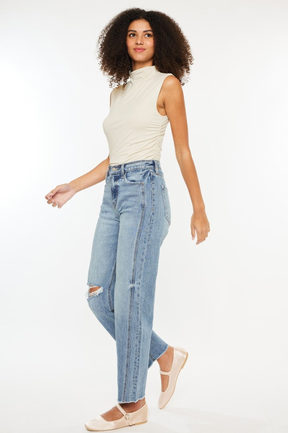 Full-length view of Kancan ultra high rise jeans with a comfortable fit.
