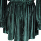 Green velvet party dress with long sleeves and adjustable waist tie.
