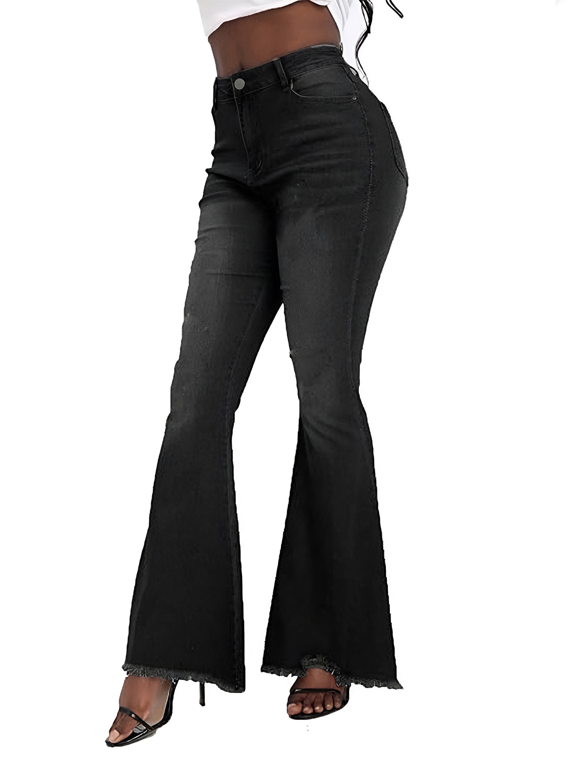 Women's black flare jeans with high waist and comfortable stretch.
