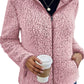 Front view of a pink women's fleece sherpa jacket with a zip-up front and cozy fit.
