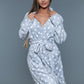 Soft gray robe with a polka dot print, shown with a front tie belt and patch pockets.
