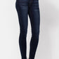 Women's high-waist skinny jeans with a sleek dark wash and stretchy fabric.
