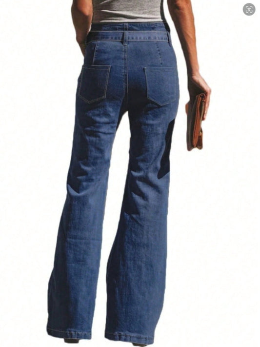 Comfortable wide-leg jeans with high-rise waist and adjustable tie belt.
