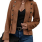 Front view of a women's mock neck jacket in brown with double-row button detailing.
