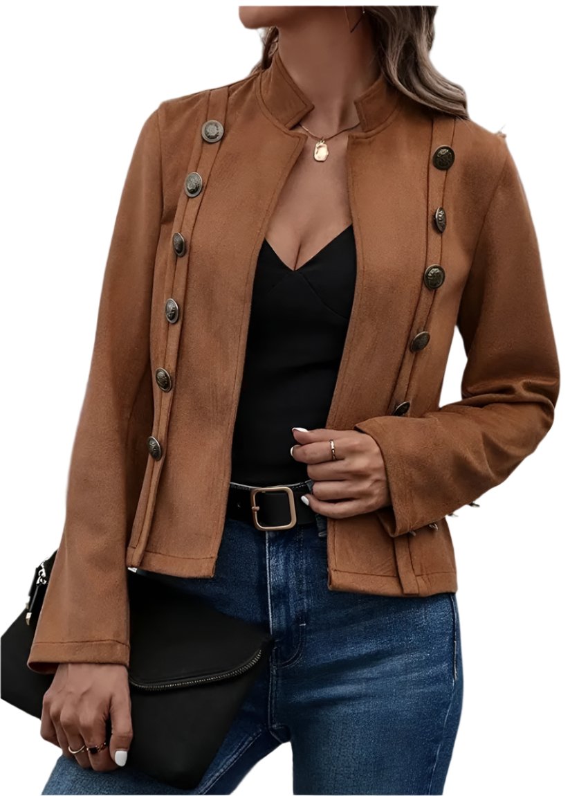 Front view of a women's mock neck jacket in brown with double-row button detailing.
