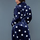 Navy robe with white stars, featuring a front tie and pockets for added style and convenience.
