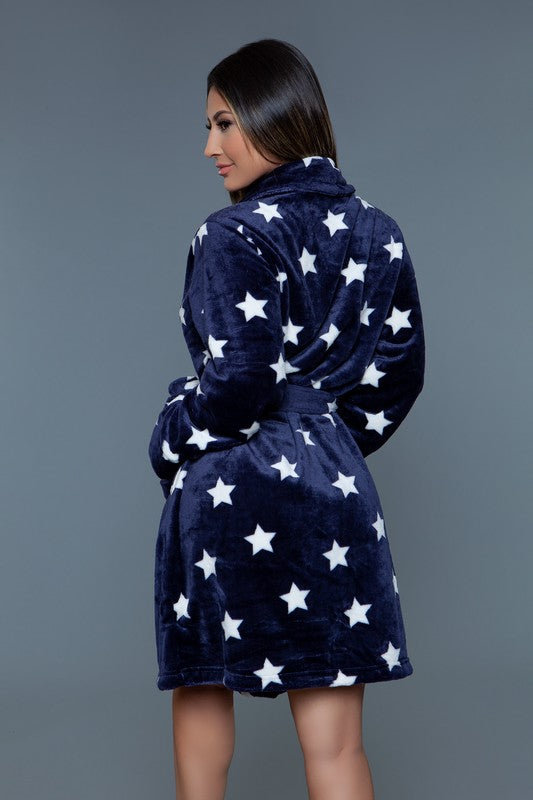 Navy robe with white stars, featuring a front tie and pockets for added style and convenience.
